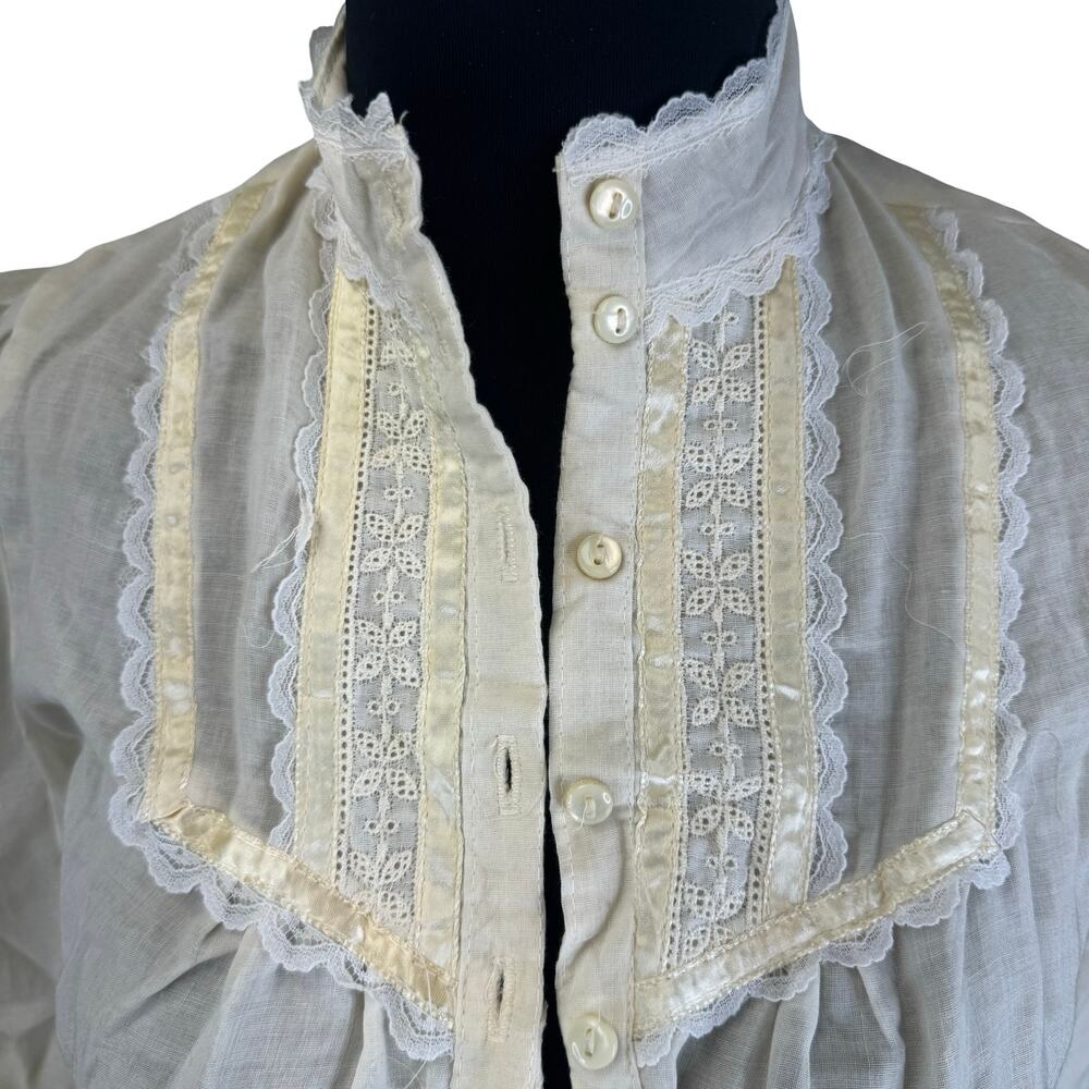 1970s Jessica’s Gunnies Sheer Edwardian Blouse – Lace & Satin Trim, XS